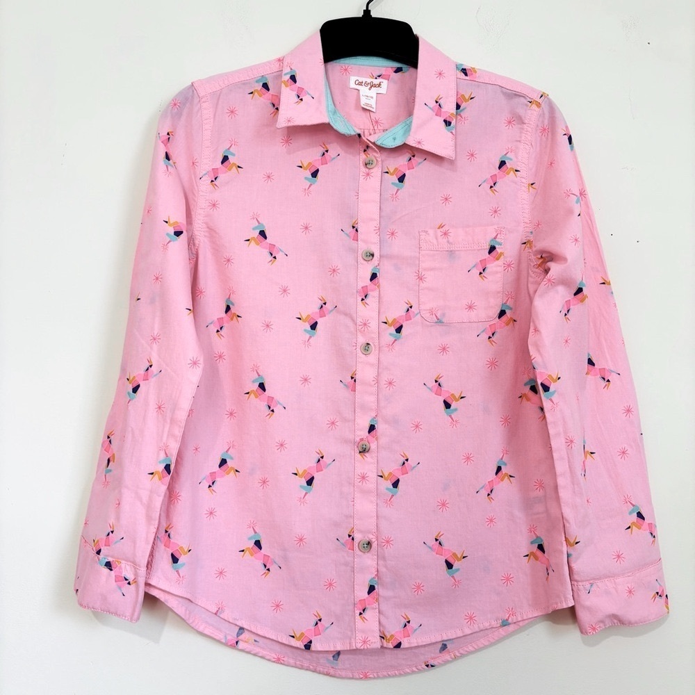 Cat & Jack big kids unicorn button up long sleeve pink shirt